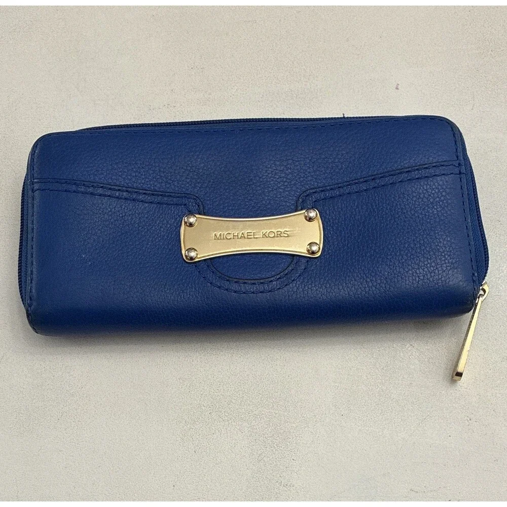Michael Kors Women’s Blue Zip-Around Wallet with Logo Accents, Credit Card